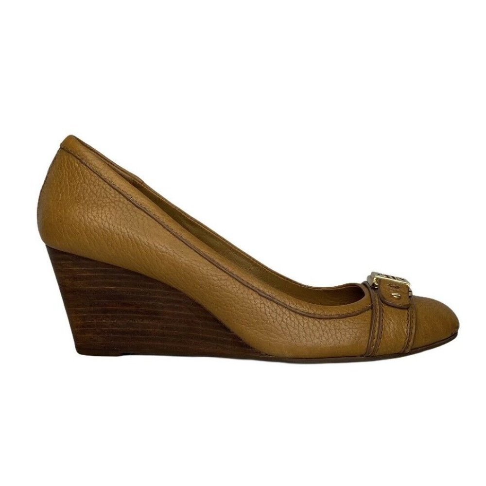 Tory Burch Ambrose Wedge Wood Heel Royal Tan - Picture 2 of 9